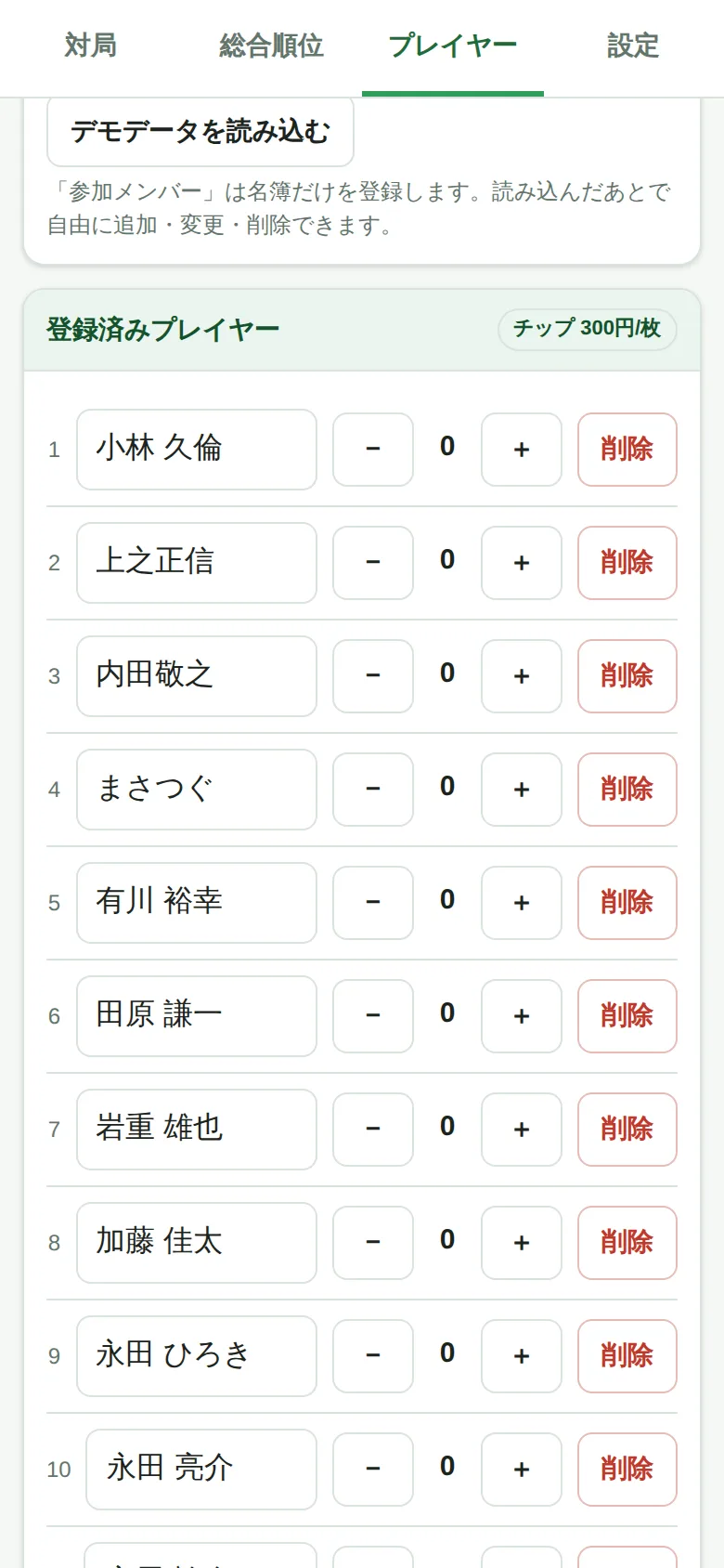 登録済みプレイヤー一覧