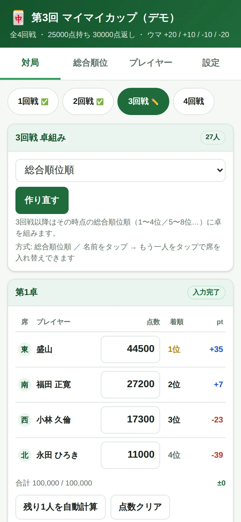 3回戦の卓組み